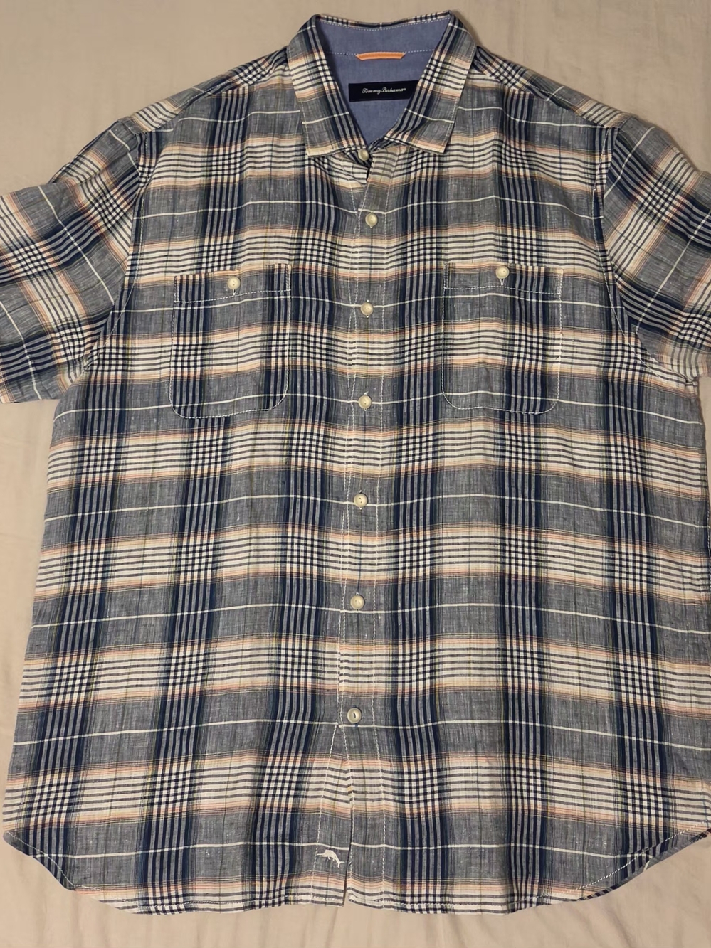 Tommy Bahama Linen Plaid Shirt Men XL Blue Coral Short Sleeve Dual Pocket Logo